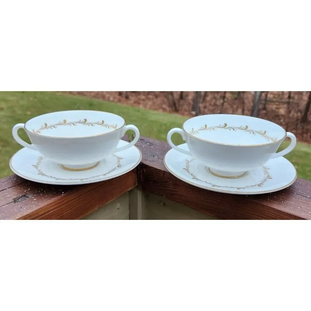 2 Royal Doulton England Bone China Rondo Gold H4935 Cream Soup and Saucer Sets